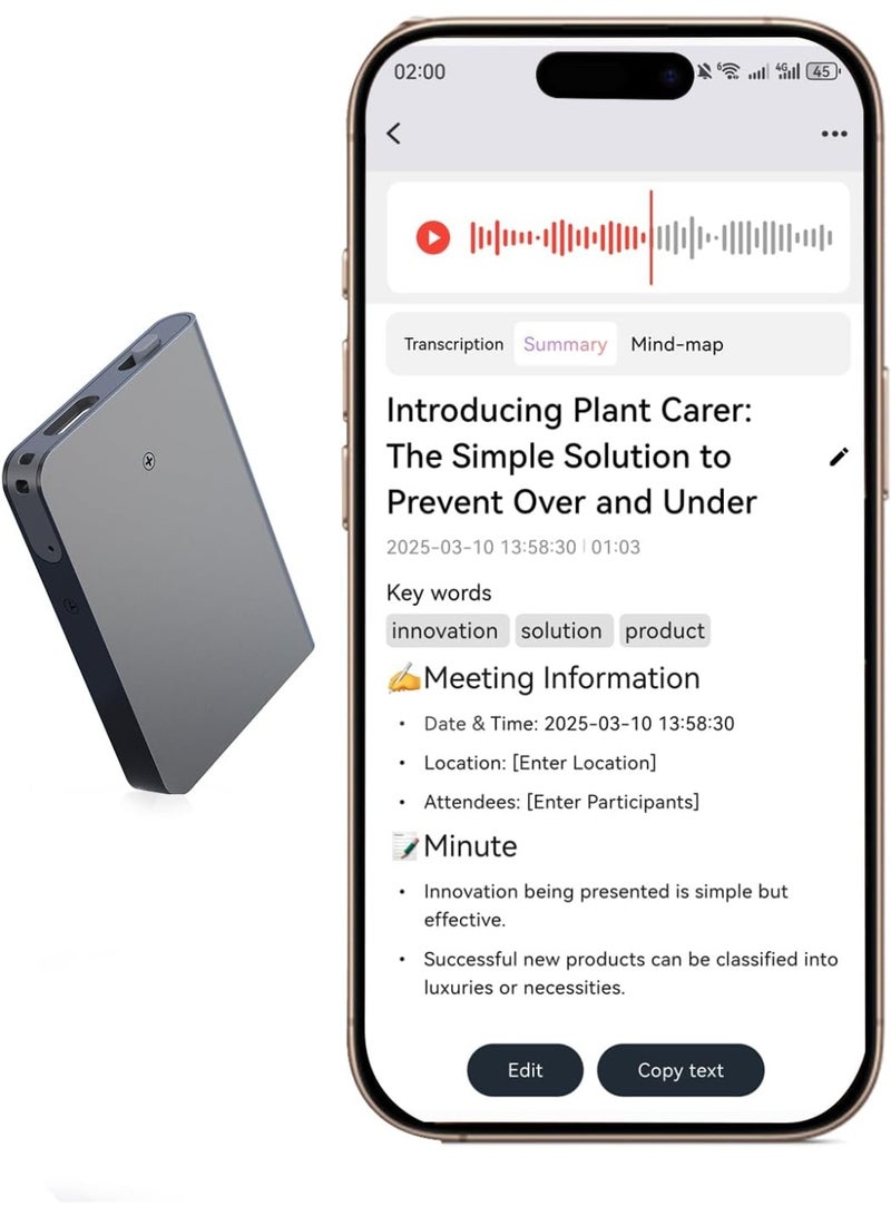 توب كور مسجل صوتيات ذكي، جهاز تسجيل الصوت مع تحكم عبر التطبيق، دعم تحويل وتلخيص الذكاء الاصطناعي بـ 144 لغة، ذاكرة 64 جيجابايت، مسجل صوتيات للمحاضرات، الاجتماعات، والمقابلات. - Image 1