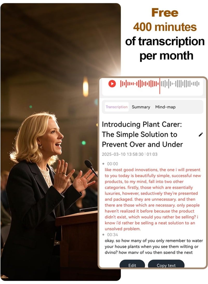 توب كور مسجل صوتيات ذكي، جهاز تسجيل الصوت مع تحكم عبر التطبيق، دعم تحويل وتلخيص الذكاء الاصطناعي بـ 144 لغة، ذاكرة 64 جيجابايت، مسجل صوتيات للمحاضرات، الاجتماعات، والمقابلات. - Image 2