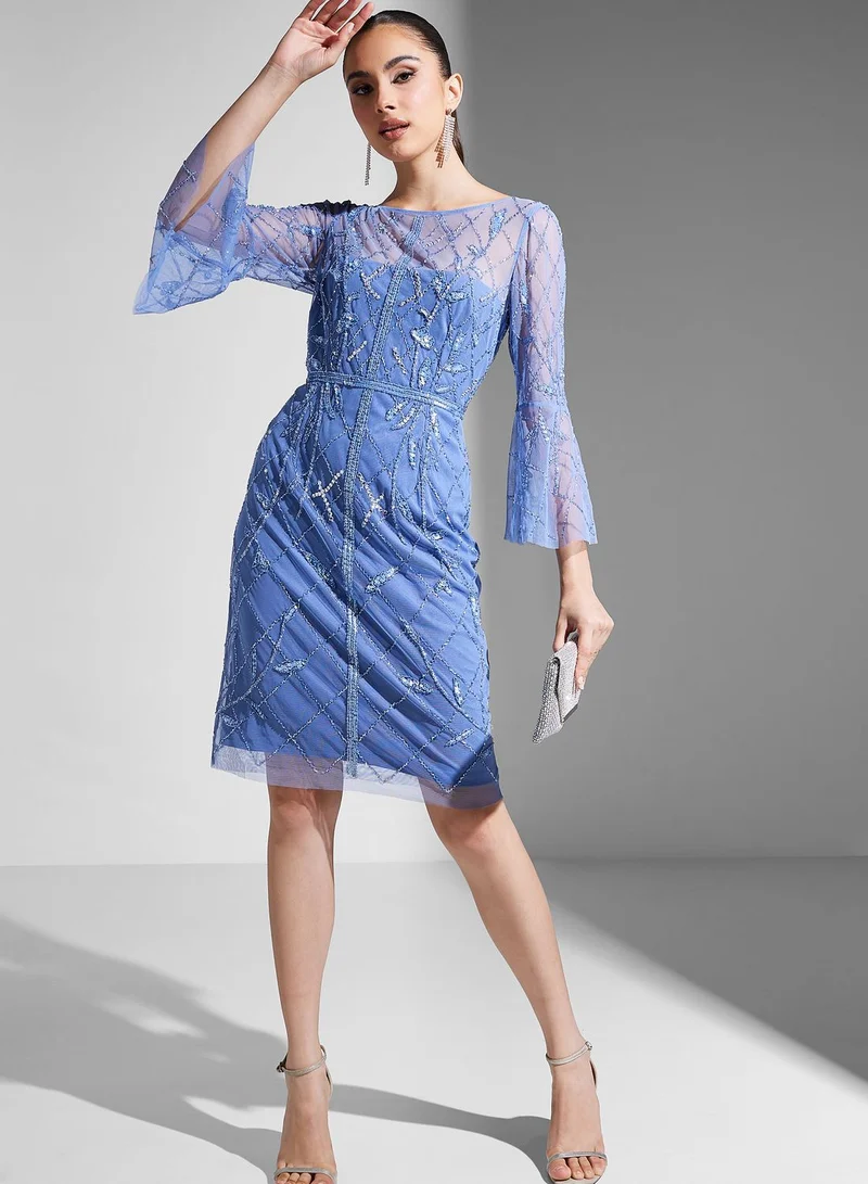 Adrianna Papell Mesh Flute Sleeve Embroidered Dress