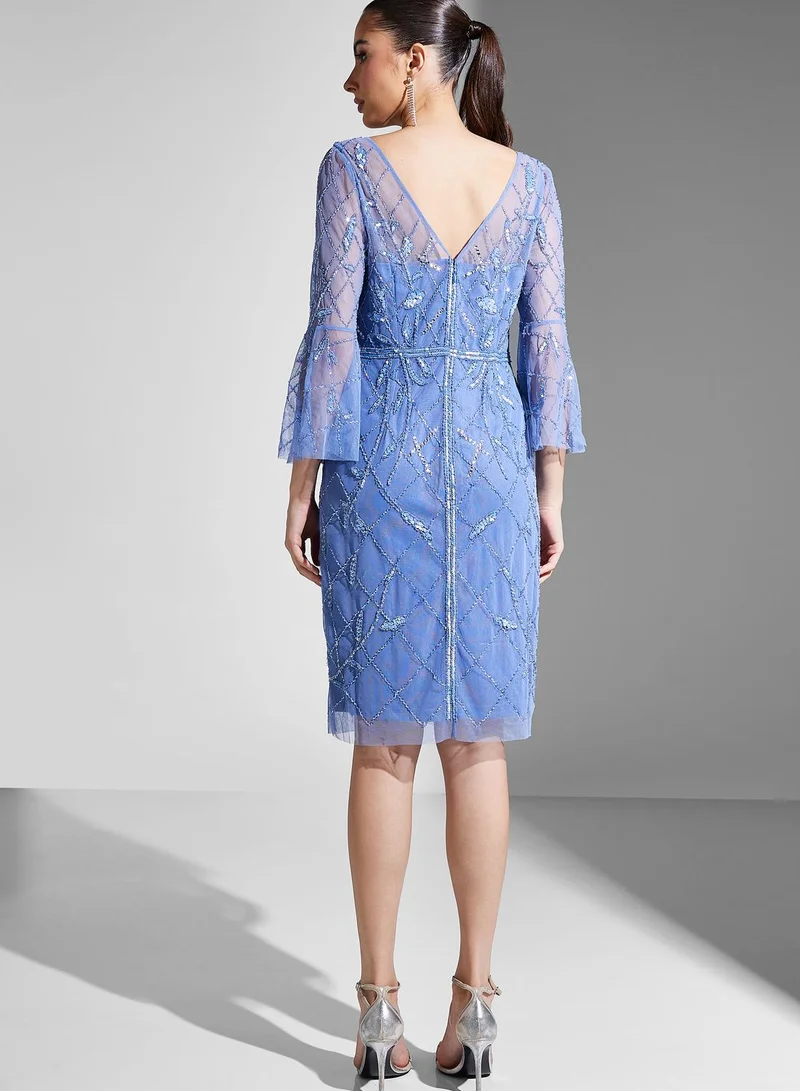 Adrianna Papell Mesh Flute Sleeve Embroidered Dress