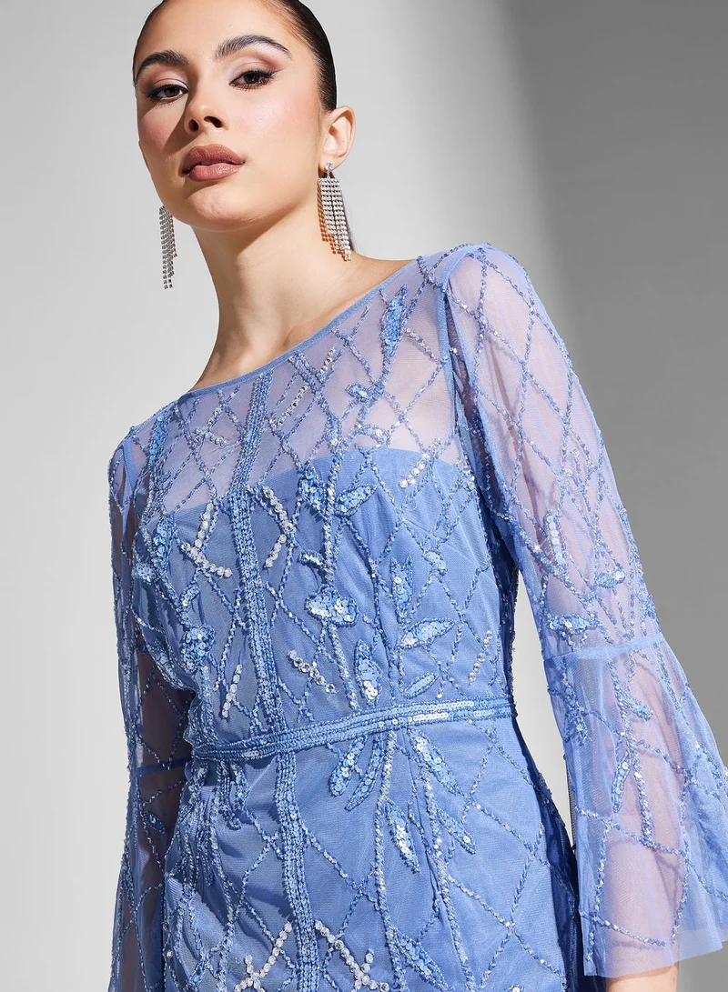 Adrianna Papell Mesh Flute Sleeve Embroidered Dress