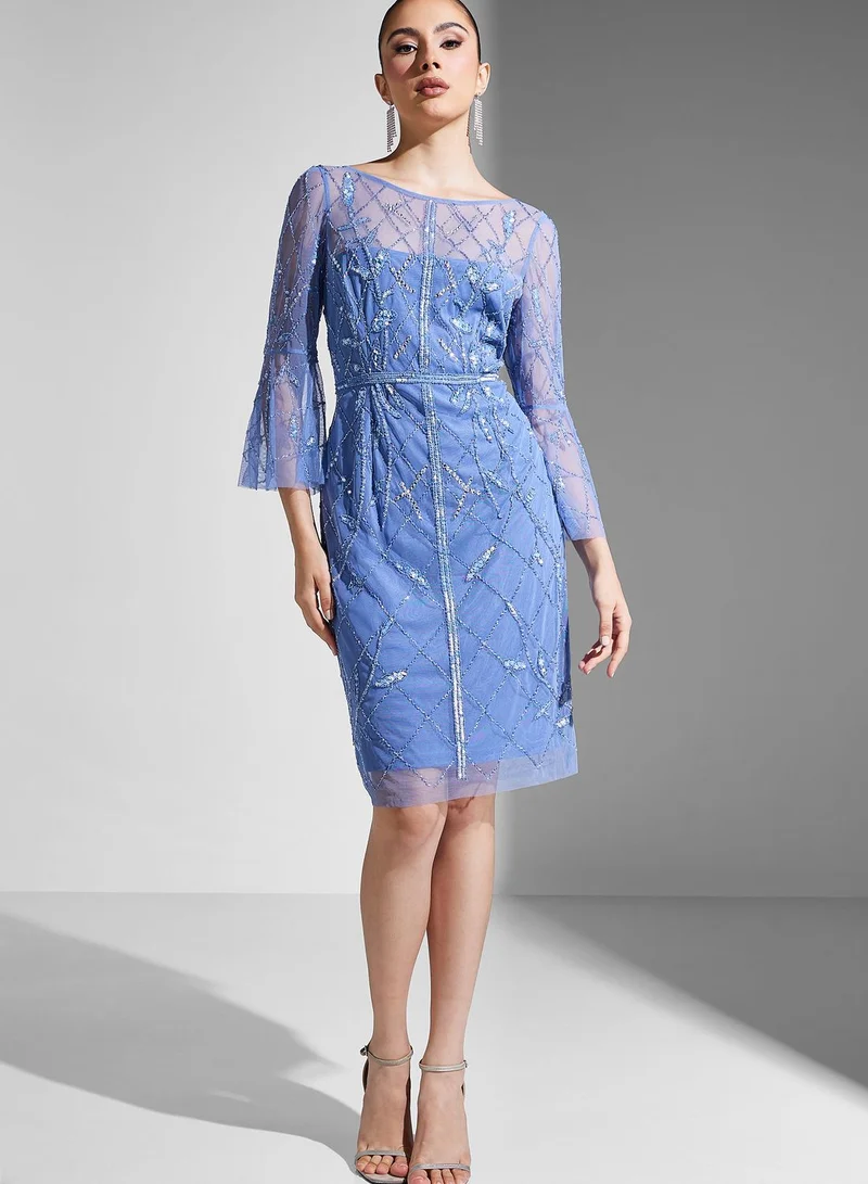 Adrianna Papell Mesh Flute Sleeve Embroidered Dress