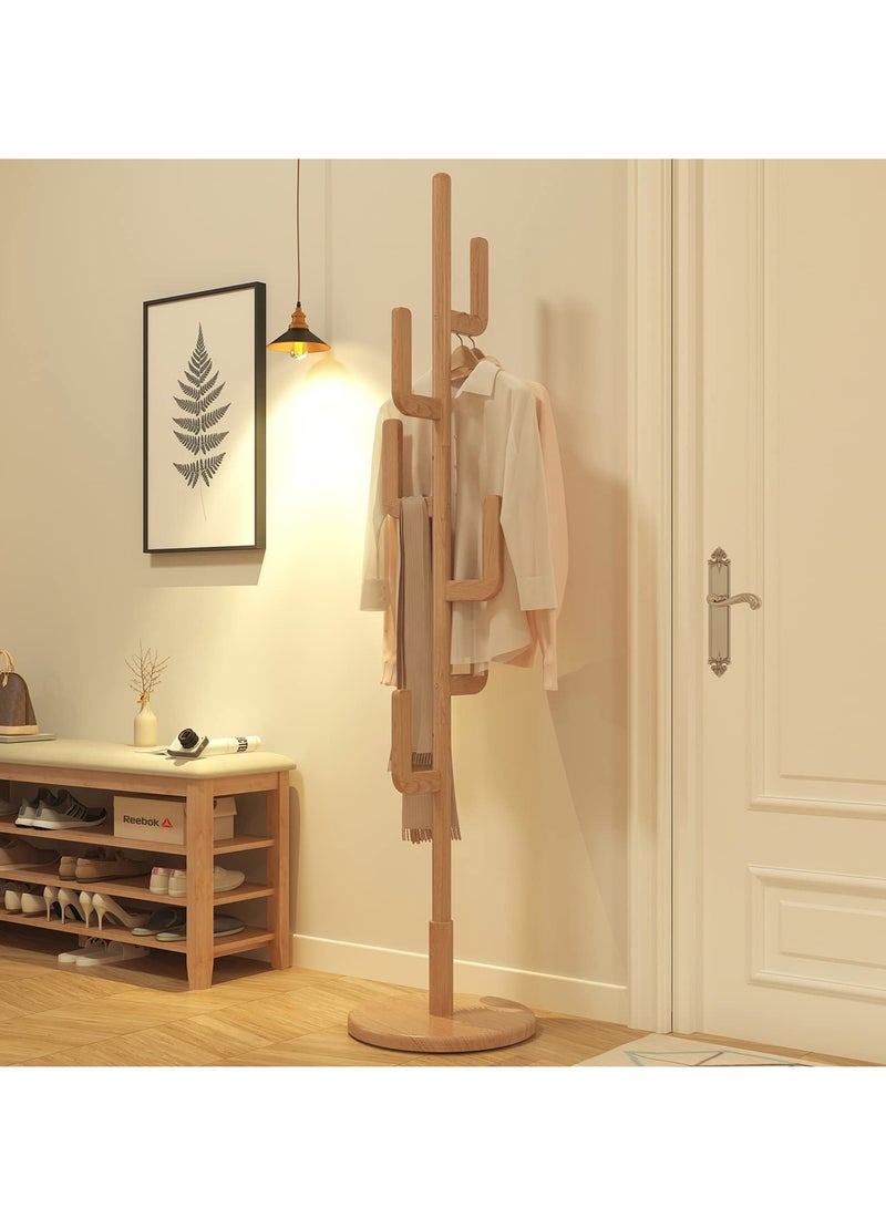 Arabest Solid Wood Cactus Coat Rack, Freestanding Coat Rack With 6 L-Shaped Hooks and 3 Adjustable Sizes, Coat Tree for Bedroom, Entryway, Livingroom, Coat Hanger Stand for Coats, Handbags (Natural) - Image 1