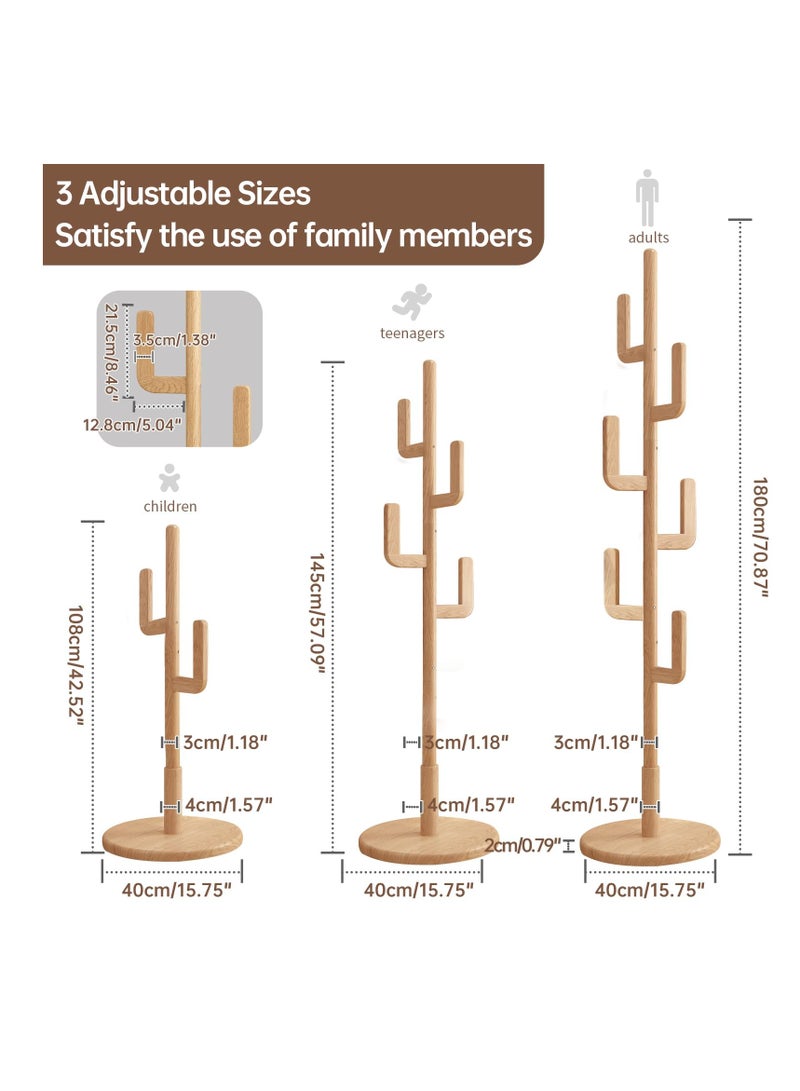 Arabest Solid Wood Cactus Coat Rack, Freestanding Coat Rack With 6 L-Shaped Hooks and 3 Adjustable Sizes, Coat Tree for Bedroom, Entryway, Livingroom, Coat Hanger Stand for Coats, Handbags (Natural) - Image 4