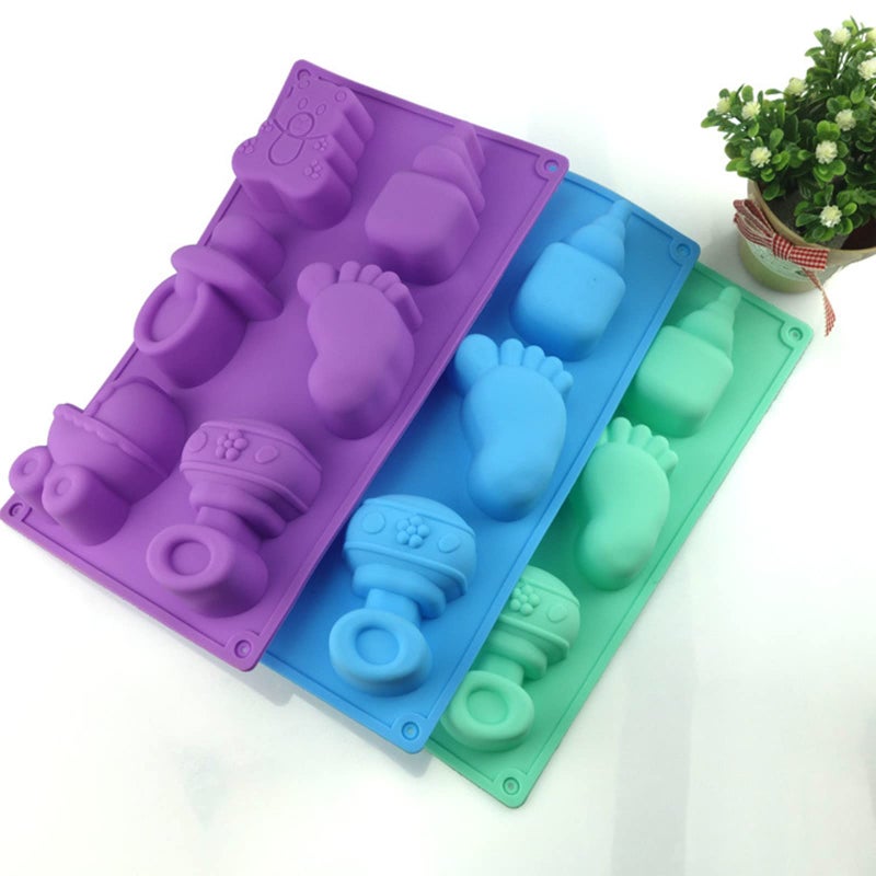 DD-life 4 Pcs Baby Shower Party Silicone Mold Bear Pacifier Little Feet Feeding Bottle Baby Carriage Silicone Fondant Mold for Chocolate Soap Sugar Polymer Clay(1Purple 1Pink 1Green 1Blue) - Image 3