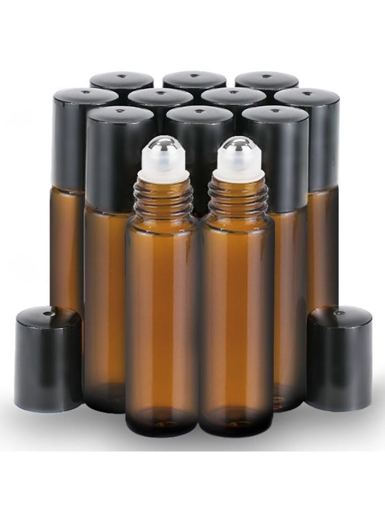 PrettyCare - PrettyCare Roller Bottles For Oils 10 ml (Amber Glass, 12 Pack, 1 Extra Stainless Steel Balls, 12 Labels, 1 Opener, 1 Funnels Essential Oil Roller Bottles, Roller on Bottles - Image 1
