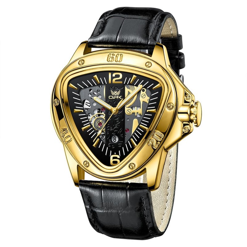 OPK Watch for Men with Black Leather Strap, Unique Triangle Dial Gold Scale Waterproof Date Casua Wristwatch - Image 1
