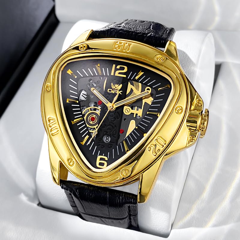 OPK Watch for Men with Black Leather Strap, Unique Triangle Dial Gold Scale Waterproof Date Casua Wristwatch - Image 2