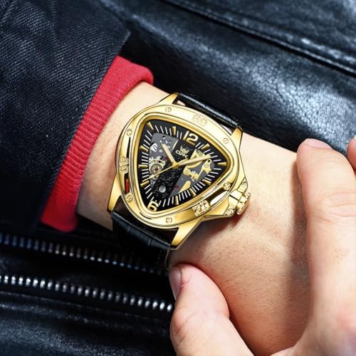 OPK Watch for Men with Black Leather Strap, Unique Triangle Dial Gold Scale Waterproof Date Casua Wristwatch - Image 3