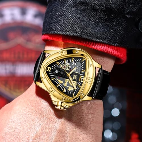 OPK Watch for Men with Black Leather Strap, Unique Triangle Dial Gold Scale Waterproof Date Casua Wristwatch - Image 4