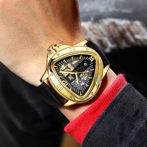 OPK Watch for Men with Black Leather Strap, Unique Triangle Dial Gold Scale Waterproof Date Casua Wristwatch - Image 5