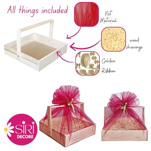 SIRI DECORE Siridecore Wooden Basket Hamper For Gift Decoration Empty Decorations Pine Wood Gifting | Fancy Handmade Ideal (Square Basket) Box 10X10X2 Inch Pack Of 1 Full Decorated) - Image 3