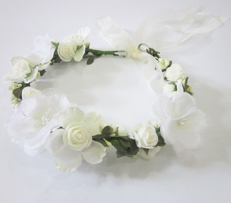 Bridal Flower Garland Artfen Headband Flower Crown Hair Wreath Halo Adjustable Ribbon Wedding Festivals White