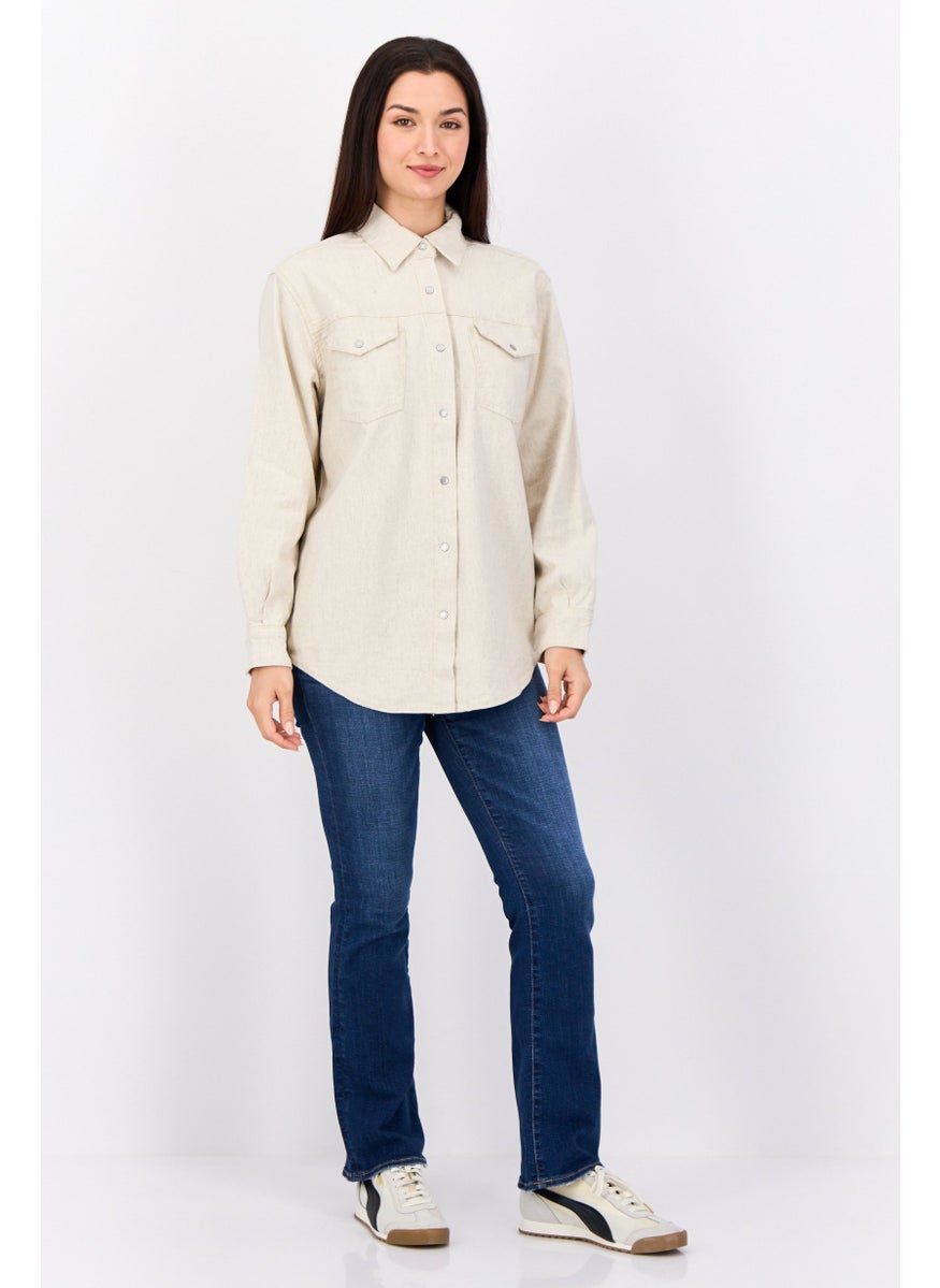 ESPRIT Women Spread Collar Long Sleeve Plain Shirt, Beige  - Image 2
