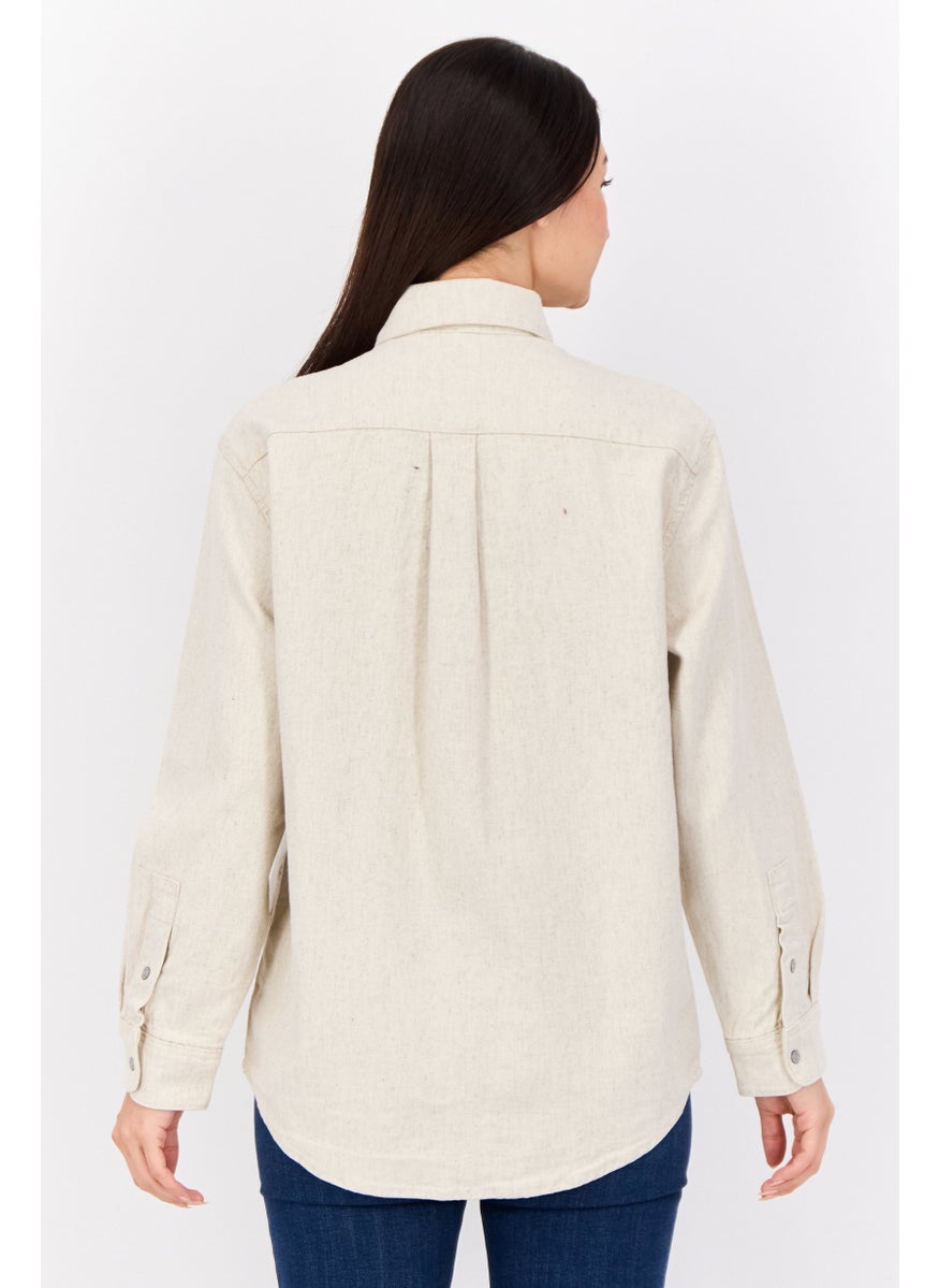 ESPRIT Women Spread Collar Long Sleeve Plain Shirt, Beige  - Image 3