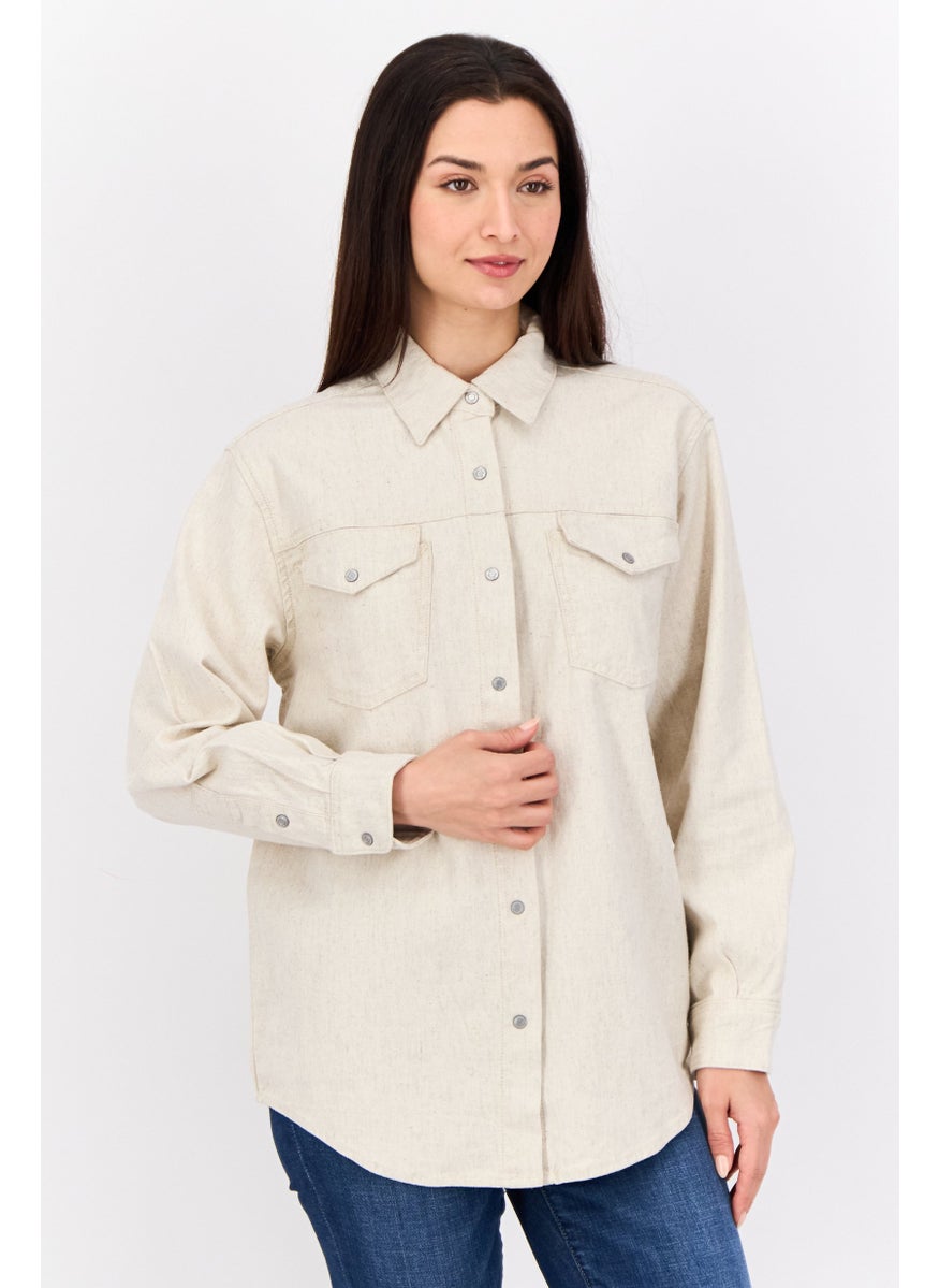 ESPRIT Women Spread Collar Long Sleeve Plain Shirt, Beige  - Image 1