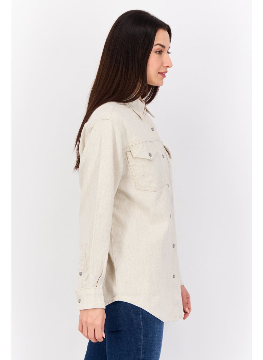 ESPRIT Women Spread Collar Long Sleeve Plain Shirt, Beige  - Image 4
