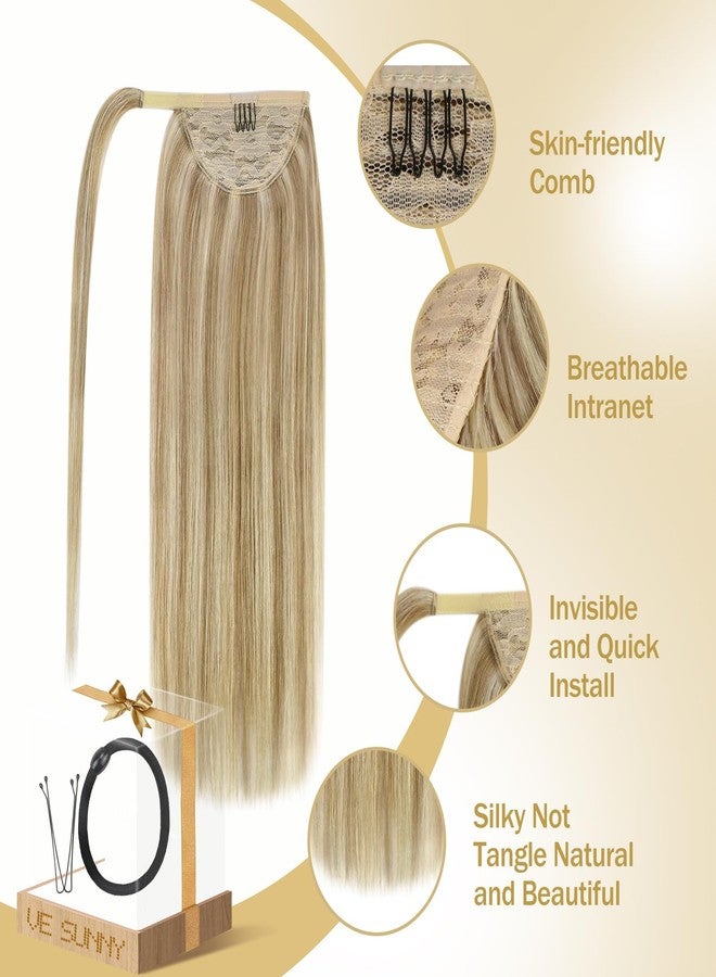 Ve Sunny Ponytail Extension Real Human Hair for Women Clip in Ponytail Hair Extension Straight Hair Pieces Wrap Around Dark Ash Blonde Highlights Golden Blonde 14inch 80G - Image 3
