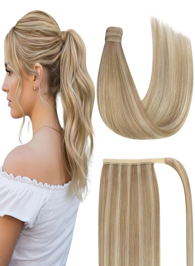 Ve Sunny Ponytail Extension Real Human Hair for Women Clip in Ponytail Hair Extension Straight Hair Pieces Wrap Around Dark Ash Blonde Highlights Golden Blonde 14inch 80G - Image 1