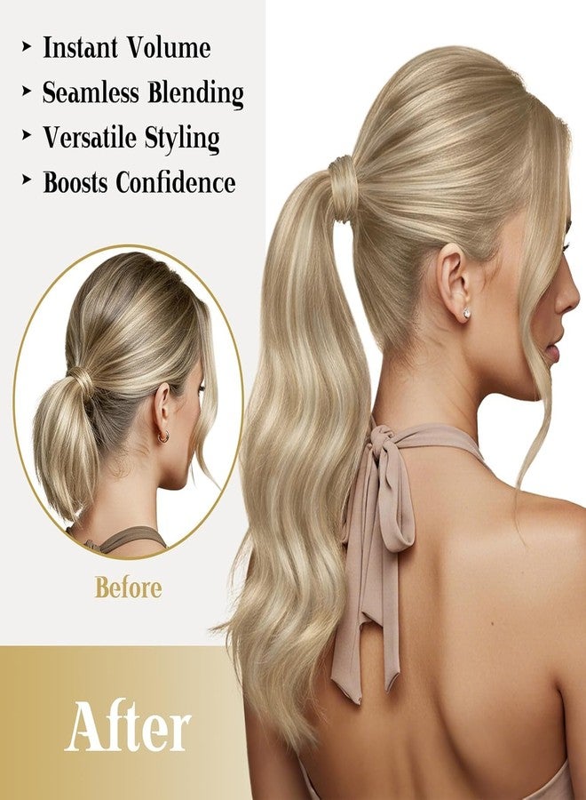 Ve Sunny Ponytail Extension Real Human Hair for Women Clip in Ponytail Hair Extension Straight Hair Pieces Wrap Around Dark Ash Blonde Highlights Golden Blonde 14inch 80G - Image 4