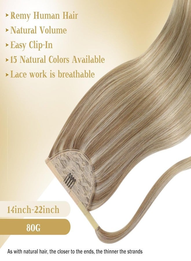Ve Sunny Ponytail Extension Real Human Hair for Women Clip in Ponytail Hair Extension Straight Hair Pieces Wrap Around Dark Ash Blonde Highlights Golden Blonde 14inch 80G - Image 2