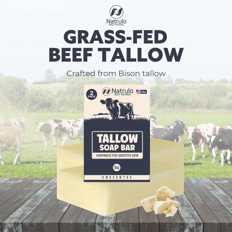 Natrulo Beef Tallow Soap Bar All Natural Grass Fed Tallow Soap Unscented Moisturizing Face Body Wash Great for Eczema Dry Itchy Sensitive Skin Handcrafted Bath Soap for Adults Kids Made in USA - Image 2