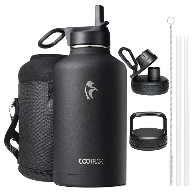 INSULATED WATER BOTTLE 2L 3 LIDS WITH STRAW SPOUT HANDLE LEAKPROOF VACUUM STAINLESS STEEL WATER BOTTLE FOR SPORTS TRAVEL GYM 48H COLD 24H HOT BPA FREE BLACK
