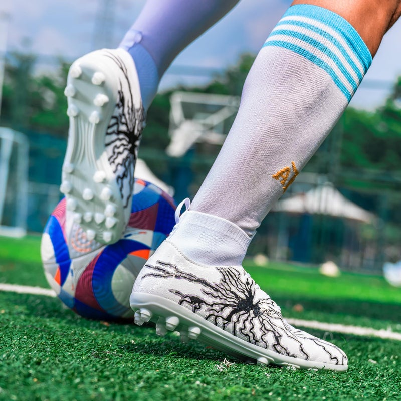HRJR Men's Soccer Cleats Football Cleats for Unisex-Adult High-Top Spikes Shoes for Youth Big Boys Lightweight Professional Training Turf Outdoor Athletic Sneaker Black 6.5 White 11 - Image 2
