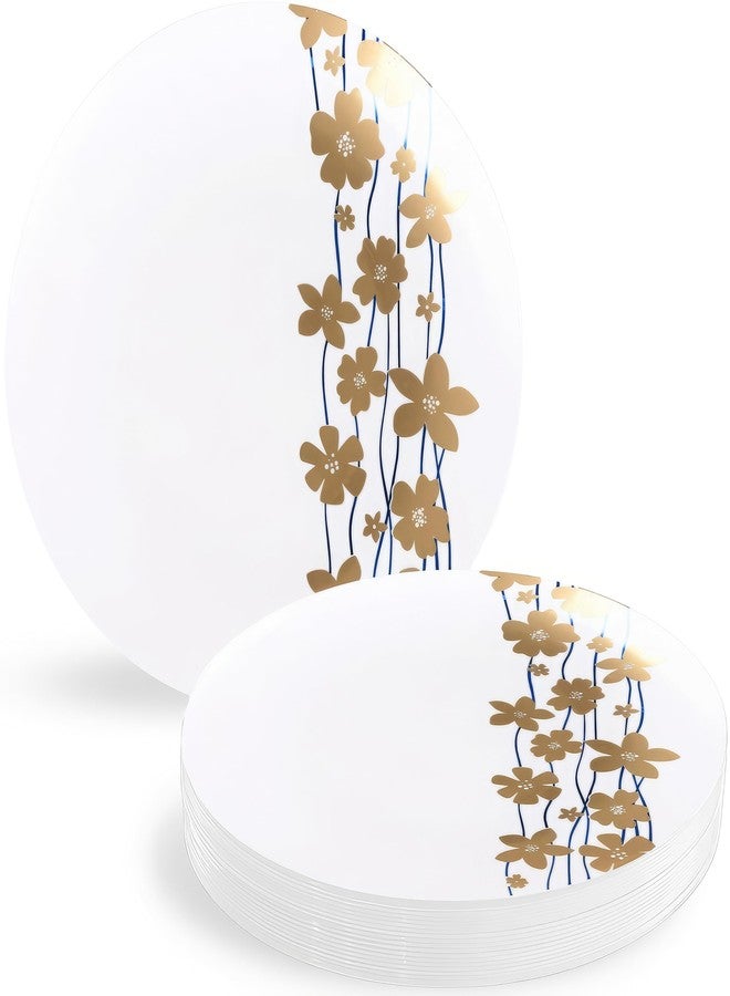 Blue Sky Vine Collection White With Blue & Gold Floral Design Plates - 9" (10-Pack) - Disposable Plastic Plates for Parties & Events - Image 1