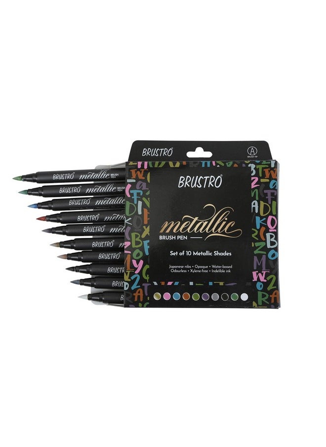 BRUSTRO - BRUSTRO Metallic Brush Marker Pens | Set of 10 Metallic Shades | Japanese Nibs, Soft Brush Tip, Indelible Ink, Suitable for Calligraphy, Hand Lettering, Colouring, Scrapbooking, Card Making Craft - Image 1