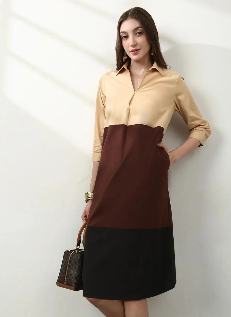 جلو باص Globus Women Brown Collared Neck Pleated Colorblock A-Line Midi Workwear Dress