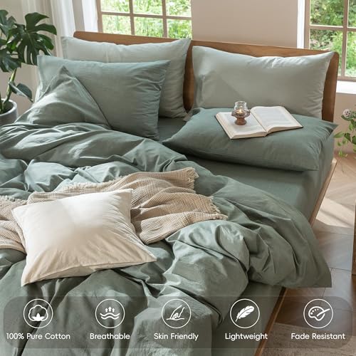 MooMee Bedding Duvet Cover Set 100% Washed Cotton Linen Like Textured Breathable Durable Soft Comfy (Heathered Green, King 104"x90") - Image 4