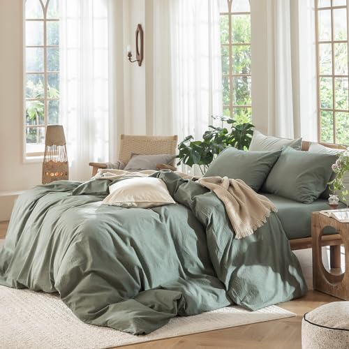 MooMee Bedding Duvet Cover Set 100% Washed Cotton Linen Like Textured Breathable Durable Soft Comfy (Heathered Green, King 104"x90") - Image 3