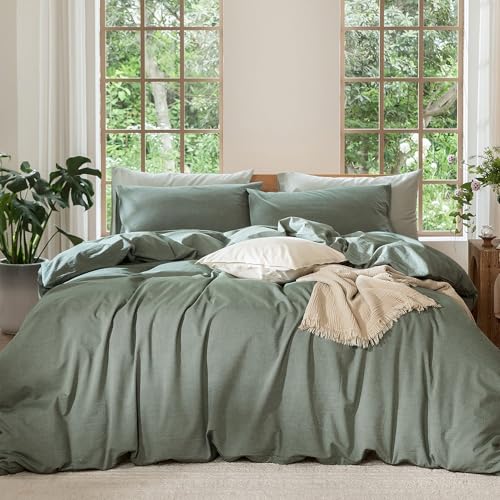 MooMee Bedding Duvet Cover Set 100% Washed Cotton Linen Like Textured Breathable Durable Soft Comfy (Heathered Green, King 104"x90") - Image 1