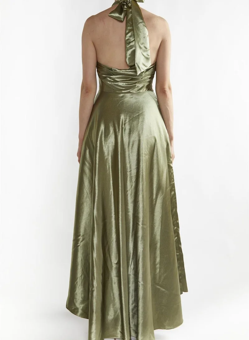 ترو ديكادينس Cleo Sage-Green Halterneck Bias-Cut Maxi-Dress