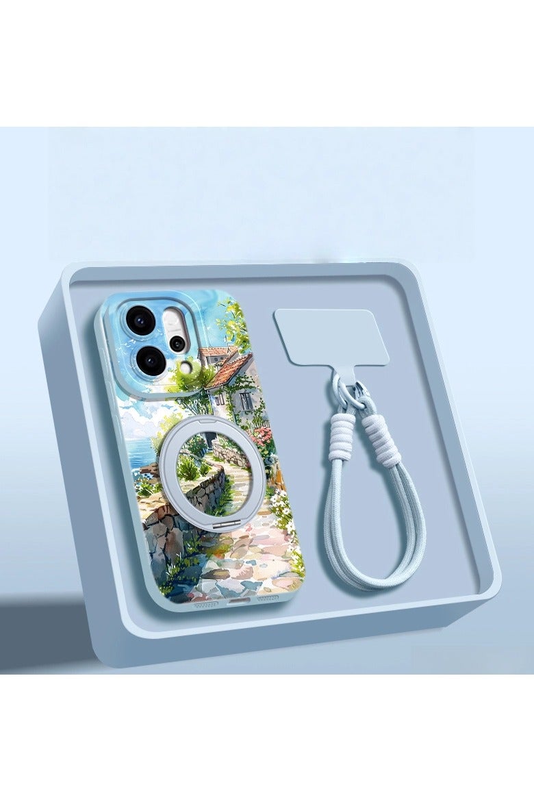 general Suitable for OPPO Reno14 Pro protective case, spring landscape oil painting, rotating stand with hand strap, full-coverage protective case.