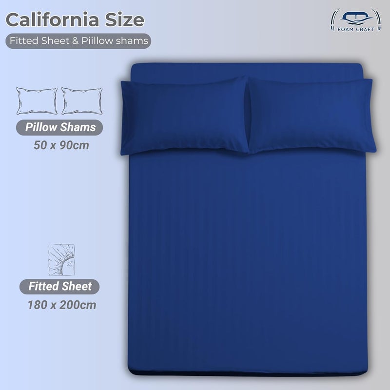 FOAM CRAFT Queen Size Striped Cotton Fitted Bed Sheet Set - 3 Piece with 300 Thread Count (Navy, 180 x 200cm) - Image 2