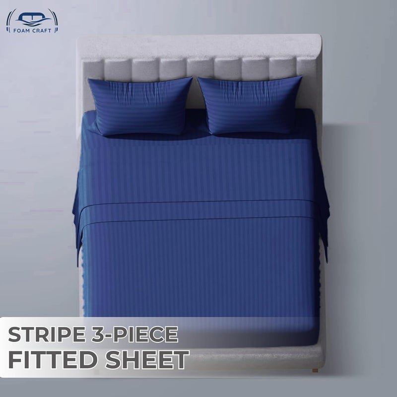 FOAM CRAFT Queen Size Striped Cotton Fitted Bed Sheet Set - 3 Piece with 300 Thread Count (Navy, 180 x 200cm) - Image 3