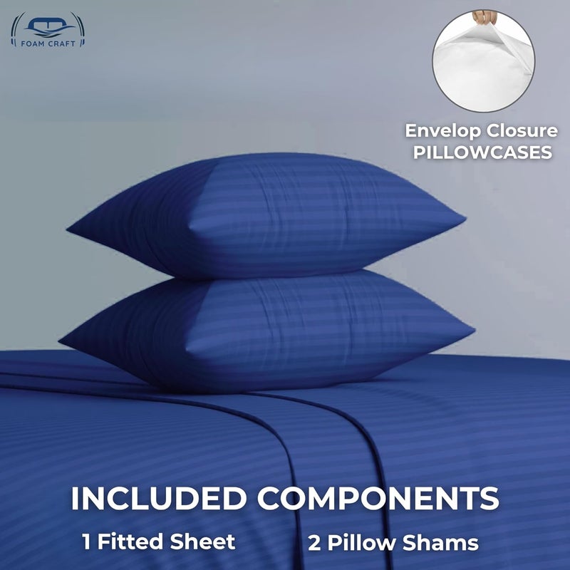FOAM CRAFT Queen Size Striped Cotton Fitted Bed Sheet Set - 3 Piece with 300 Thread Count (Navy, 180 x 200cm) - Image 4