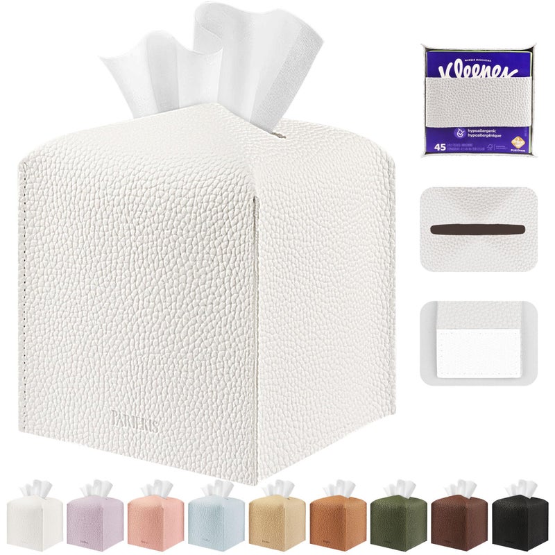PARIERIS Tissue Box Cover Holder Square Tissue Cube Cover PU Leather Tissue Organizer with Bottom Belt for Bathroom, Tabletop, Car, Night Stands, Office, Home, Kitchen (1, White) - Image 1
