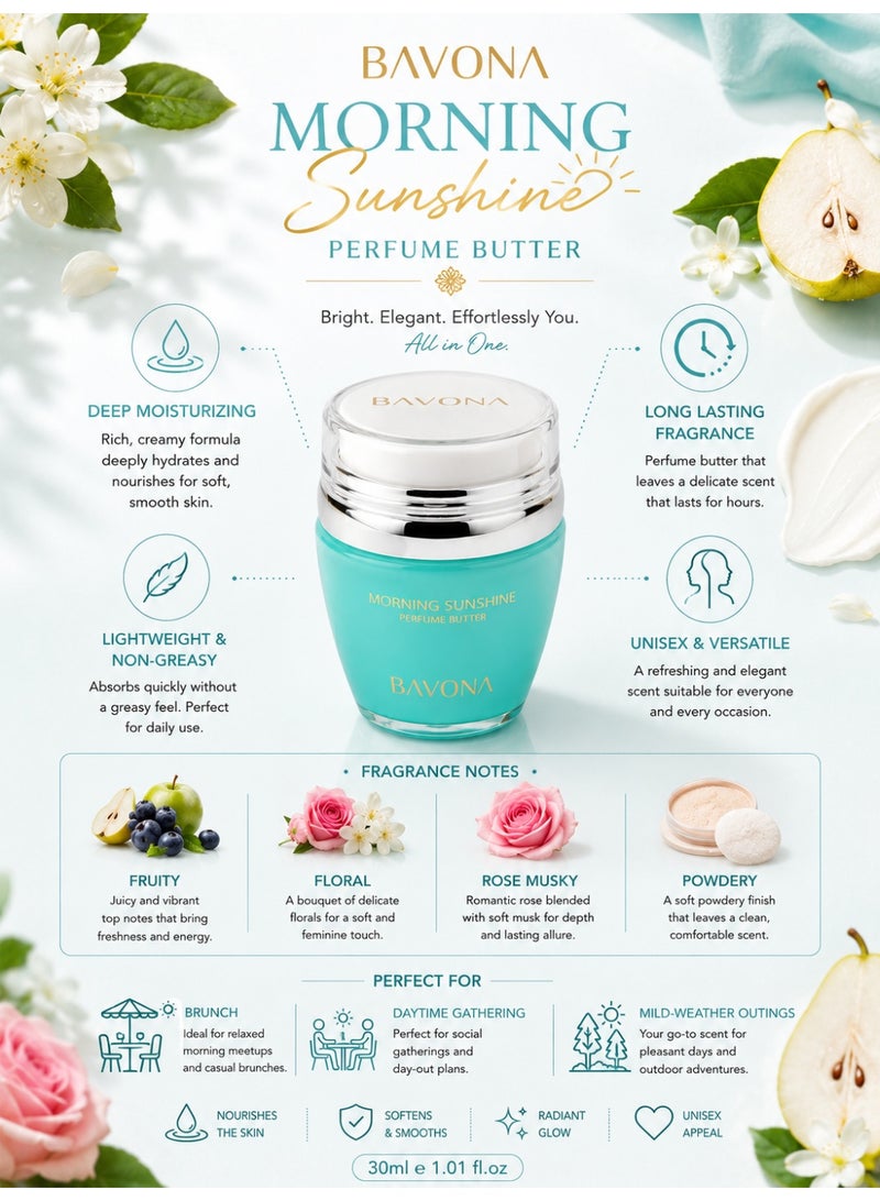Bavona Morning Sunshine Perfume Butter Long Lasting Moisturizing With Fruity Floral Rose Musky & Powdery Notes 30ml - Image 3