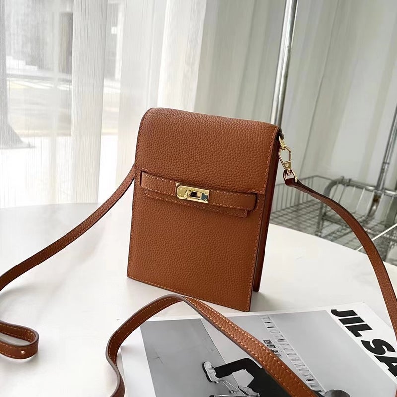 Genuine Leather Kelly Vertical Mobile Phone Bag Simple Top Layer Litchi Pattern Single Shoulder Oblique Cowhide Women'S All-Match Silver Button Bag - Image 2