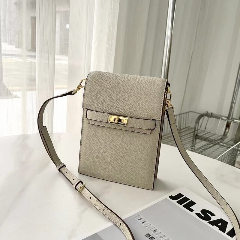 Genuine Leather Kelly Vertical Mobile Phone Bag Simple Top Layer Litchi Pattern Single Shoulder Oblique Cowhide Women'S All-Match Silver Button Bag - Image 4