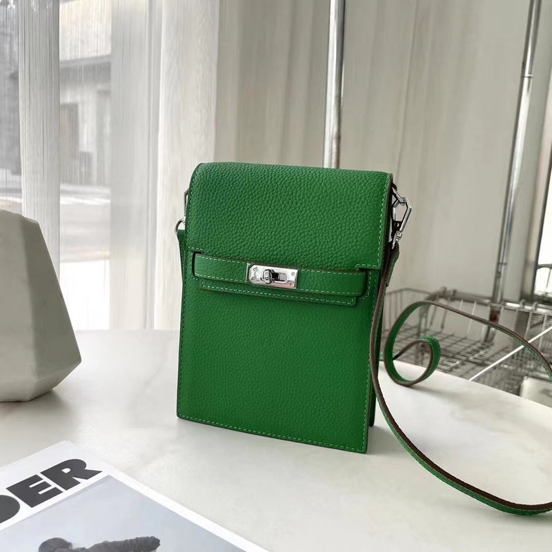 Genuine Leather Kelly Vertical Mobile Phone Bag Simple Top Layer Litchi Pattern Single Shoulder Oblique Cowhide Women'S All-Match Silver Button Bag - Image 3