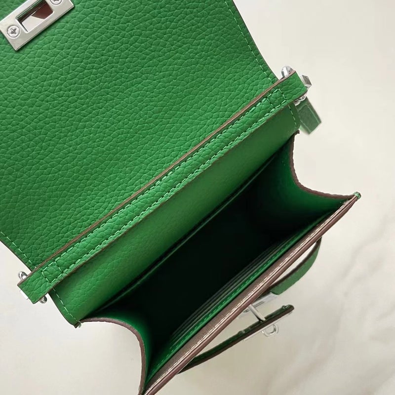 Genuine Leather Kelly Vertical Mobile Phone Bag Simple Top Layer Litchi Pattern Single Shoulder Oblique Cowhide Women'S All-Match Silver Button Bag - Image 5