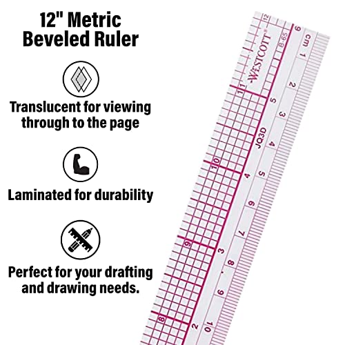 Westcott 10ths/Metric Beveled Ruler, 12-Inch/30cm (B-65), Clear - Image 2