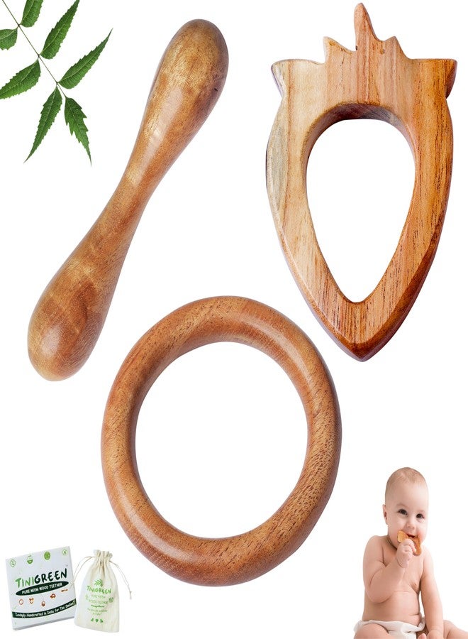 Tinigreen Strawberry Ring Dumbbell Shaped Neem Wooden Teethers for 6 to 12 Months Infant Baby (Pack of 3) - Image 1