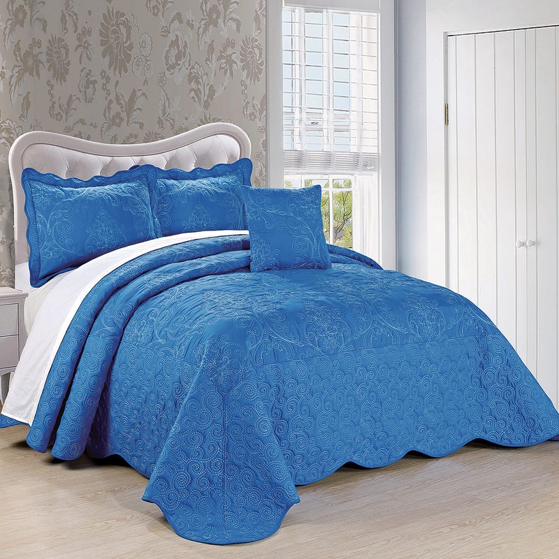 Home Soft Things Damask 4 Piece Bedspread Set Scalloped Edge Reversible Coverlet Comforter Prewashed Bedding Set Matelasse Embossed Floral Solid PatternPalace Blue Oversize Queen110 x 120