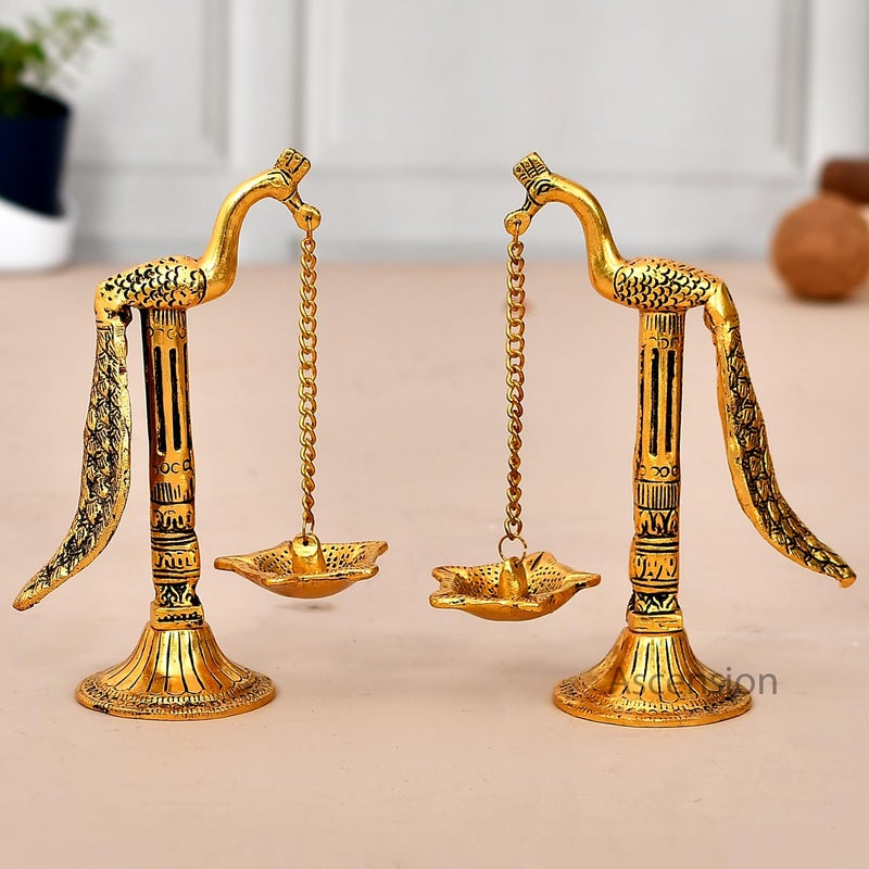 Ascension مصباح زيت معدني يدوي من مجموعة 1 زوج من طيور الطاووس بسلسلة طويلة لغرفة البوجا، المنزل، المكتب، سلسلة معلقة، ديبك للمعابد، زينة ديوالي، هدايا، عناصر زينة بوجا - Image 1