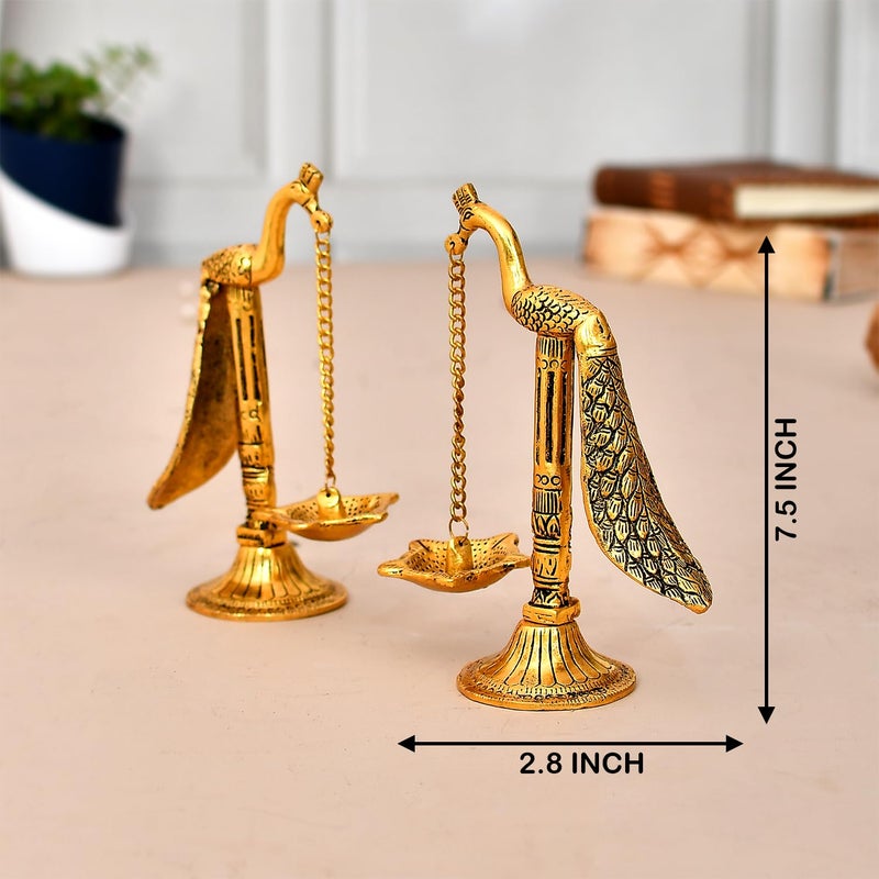 Ascension مصباح زيت معدني يدوي من مجموعة 1 زوج من طيور الطاووس بسلسلة طويلة لغرفة البوجا، المنزل، المكتب، سلسلة معلقة، ديبك للمعابد، زينة ديوالي، هدايا، عناصر زينة بوجا - Image 4